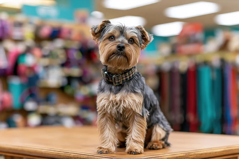 Yorkshireterrier sitting upright on wooden display in pet store