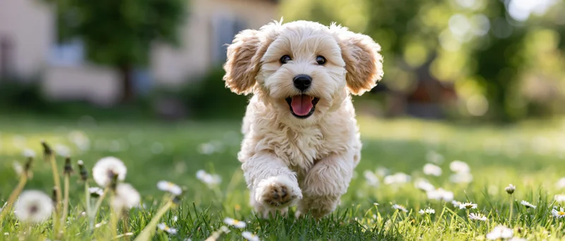 Fluffy cavapoo puppy running across a grassy garden with dandelions in spring sunlight