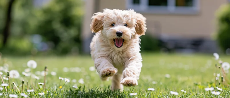 Fluffy cavapoo puppy running on grass in a garden with dandelions