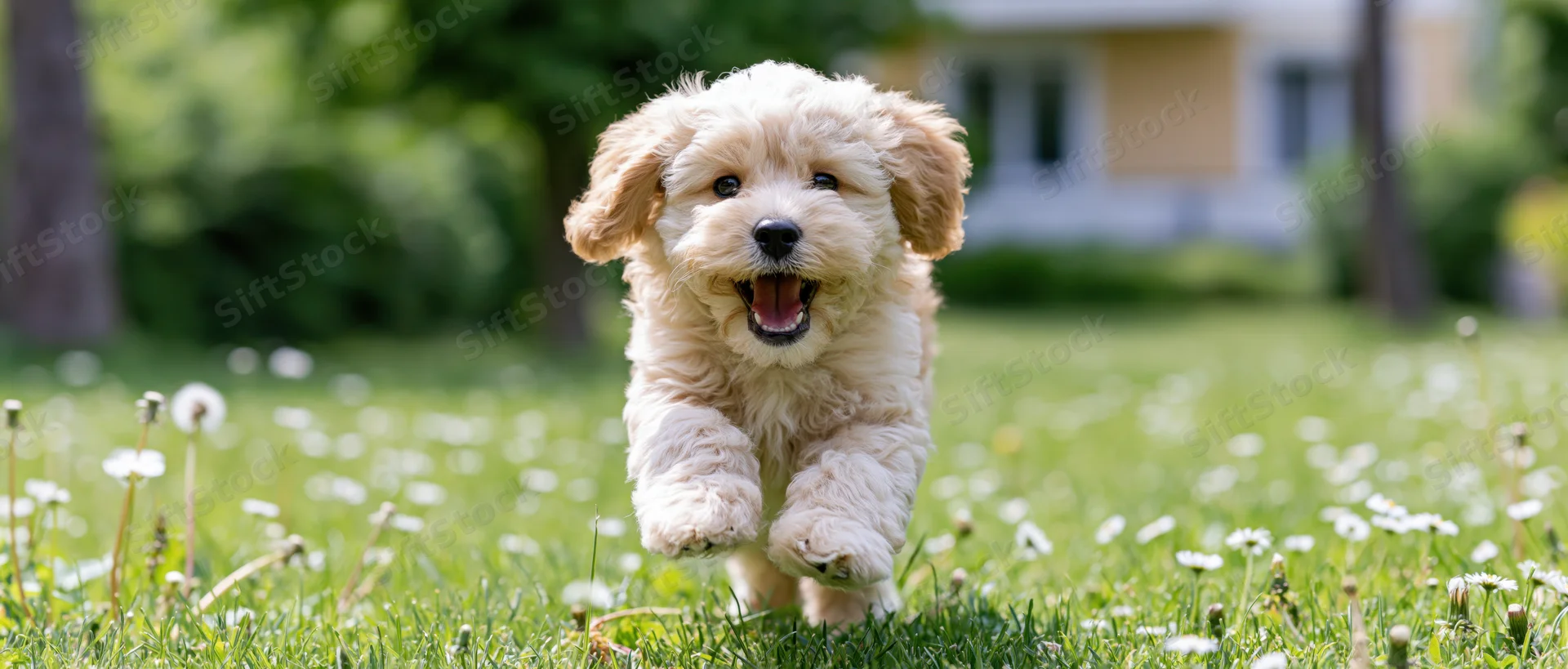 Fluffy cavapoo puppy running across a grassy lawn with dandelions in a garden setting
