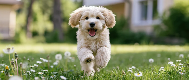 Fluffy cream-colored cavapoo puppy running across a grassy yard with daisies in springtime