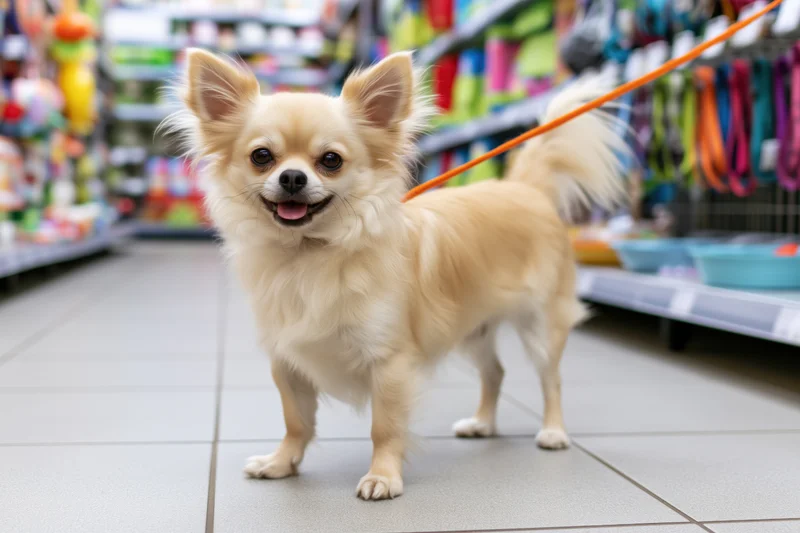 Small fluffy tan chihuahua standing alert on tiled floor in pet store aisle