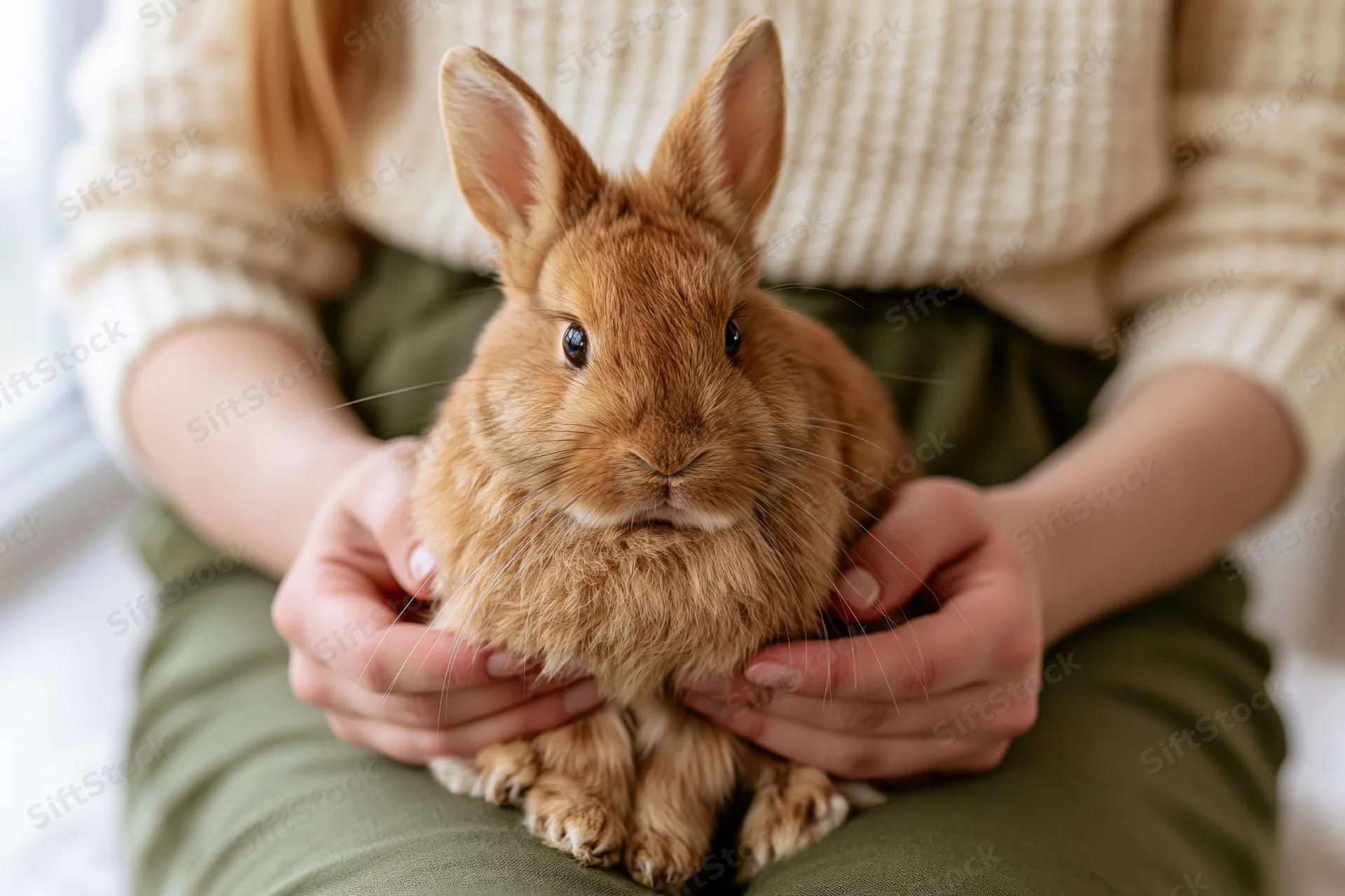Woman holding small ginger-brown rabbit on her lap indoors