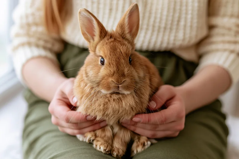 Woman holding small ginger-brown rabbit on her lap indoors