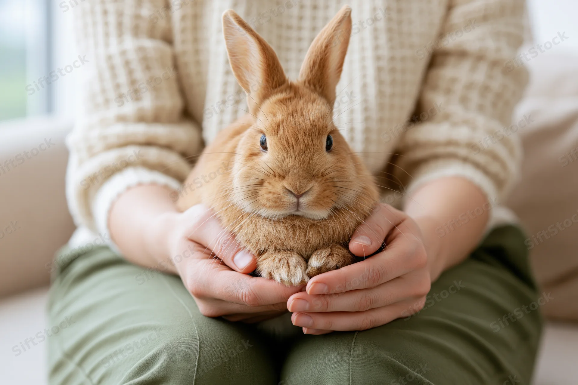 Woman holding small ginger-brown rabbit on her lap indoors