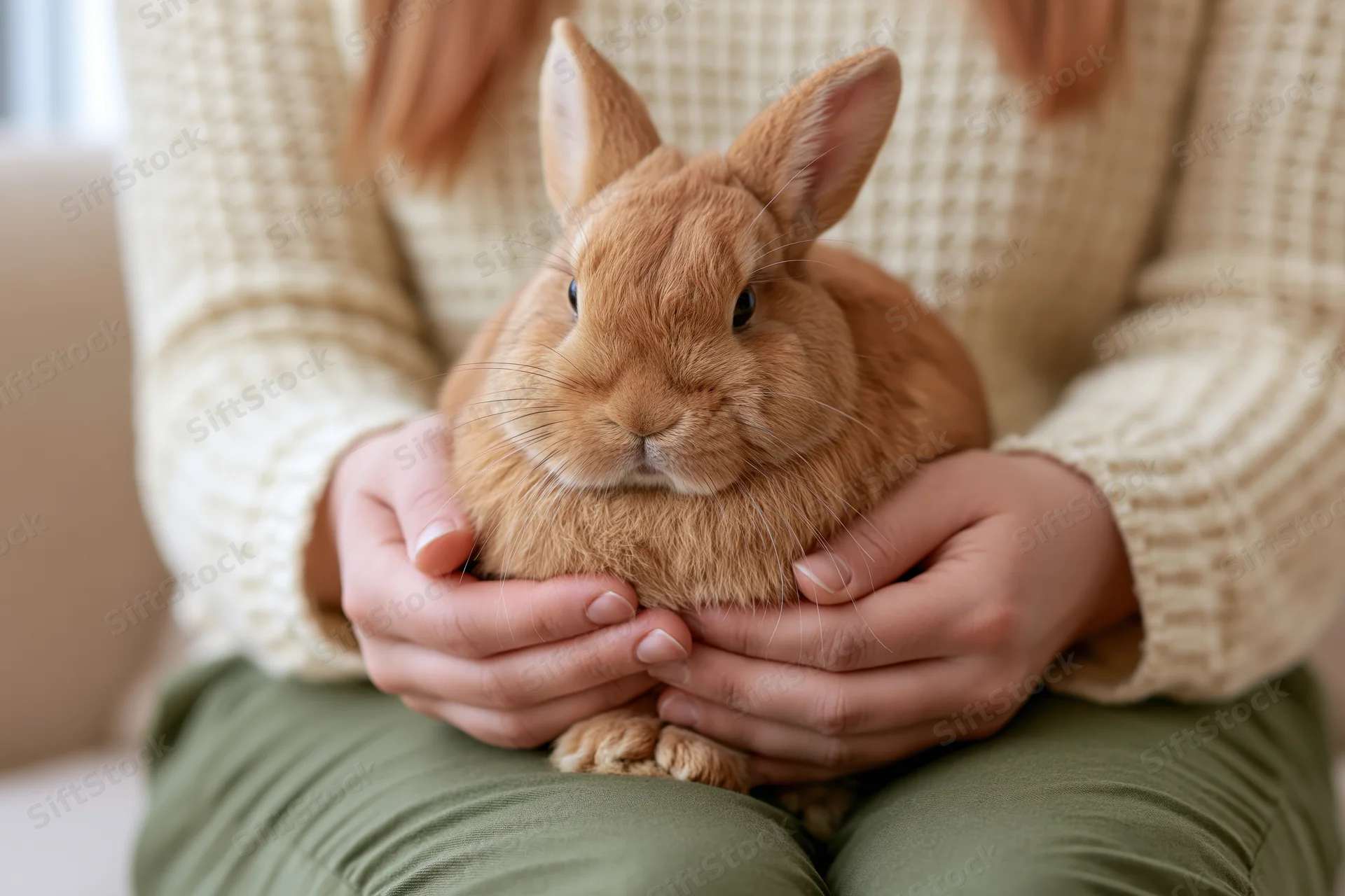 Woman holding small ginger-brown rabbit on her lap indoors
