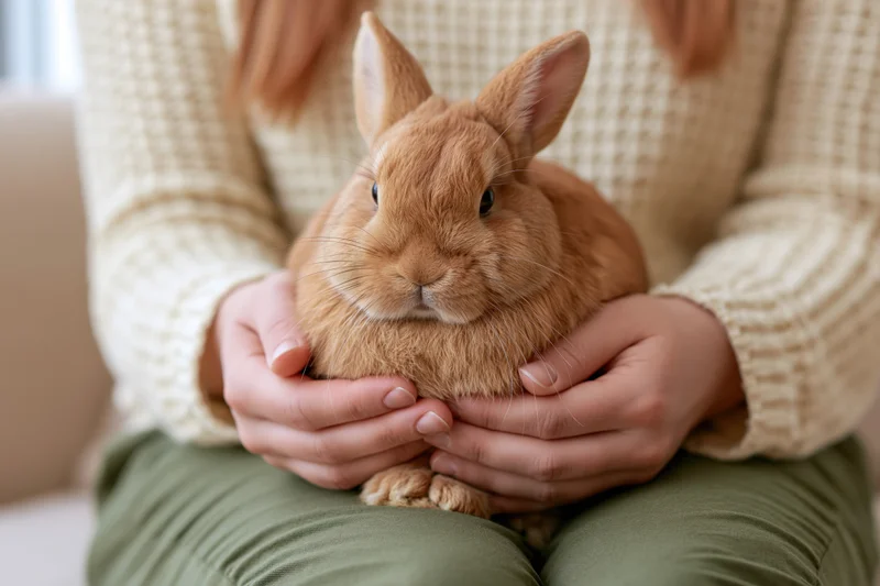 Woman holding small ginger-brown rabbit on her lap indoors