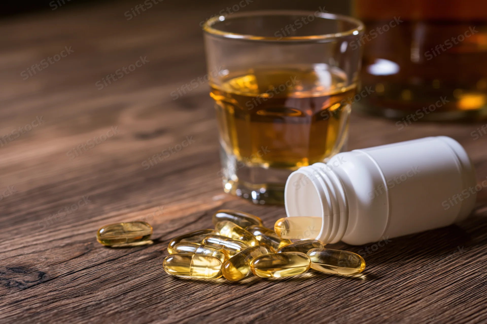 Amber whiskey in a glass beside spilled golden capsules from a white bottle on a wooden table
