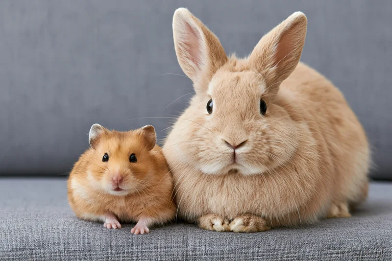 Golden-brown hamster and beige rabbit sitting side by side on a gray sofa cushion