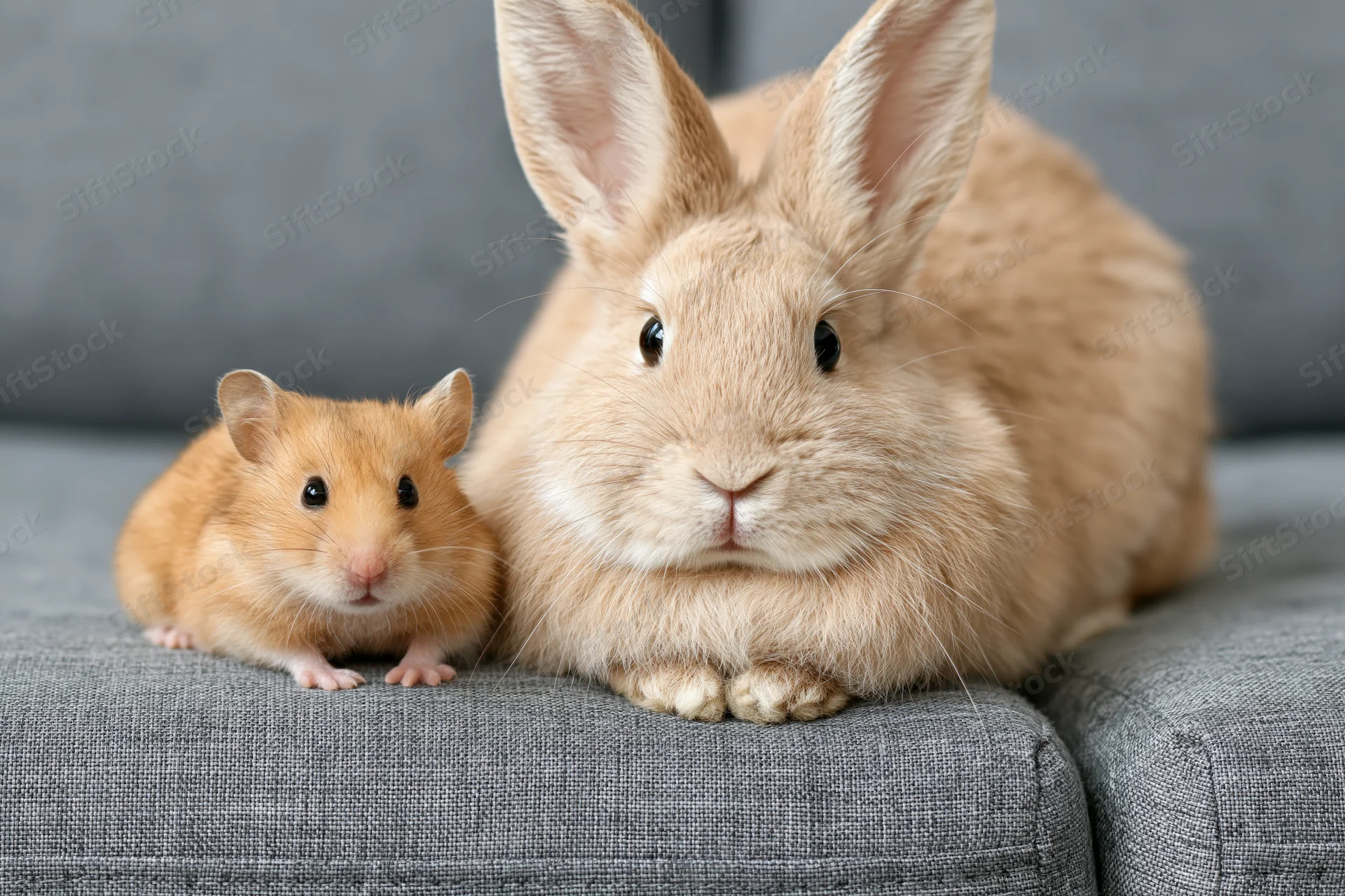 Golden hamster and beige rabbit sitting side by side on a gray sofa