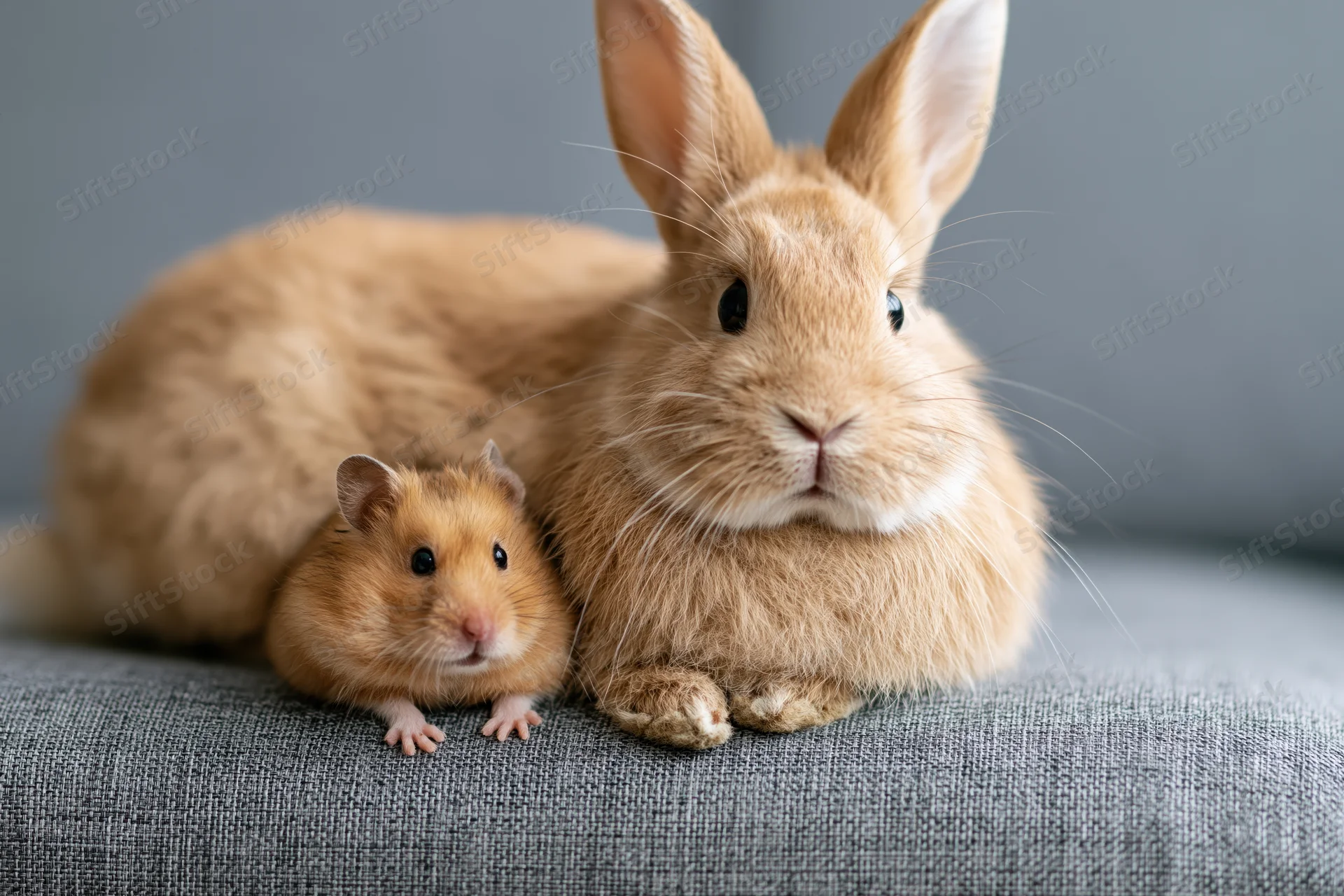 Golden-brown hamster and fluffy rabbit sitting together on a gray fabric couch