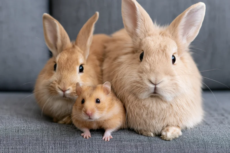 Two rabbits and a hamster resting together on a gray couch