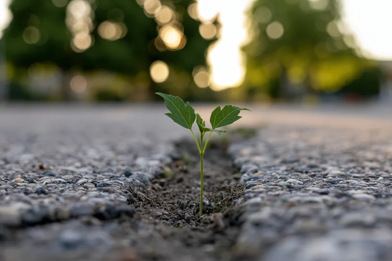 Small green seedling emerging from a crack in aged asphalt pavement outdoors