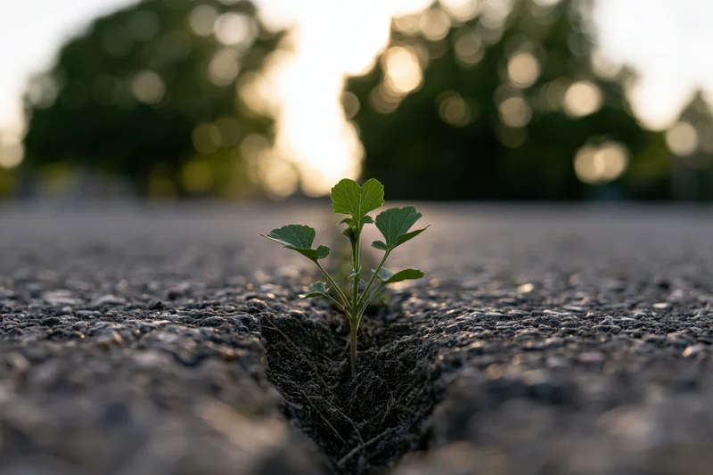Small green seedling growing through crack in asphalt pavement