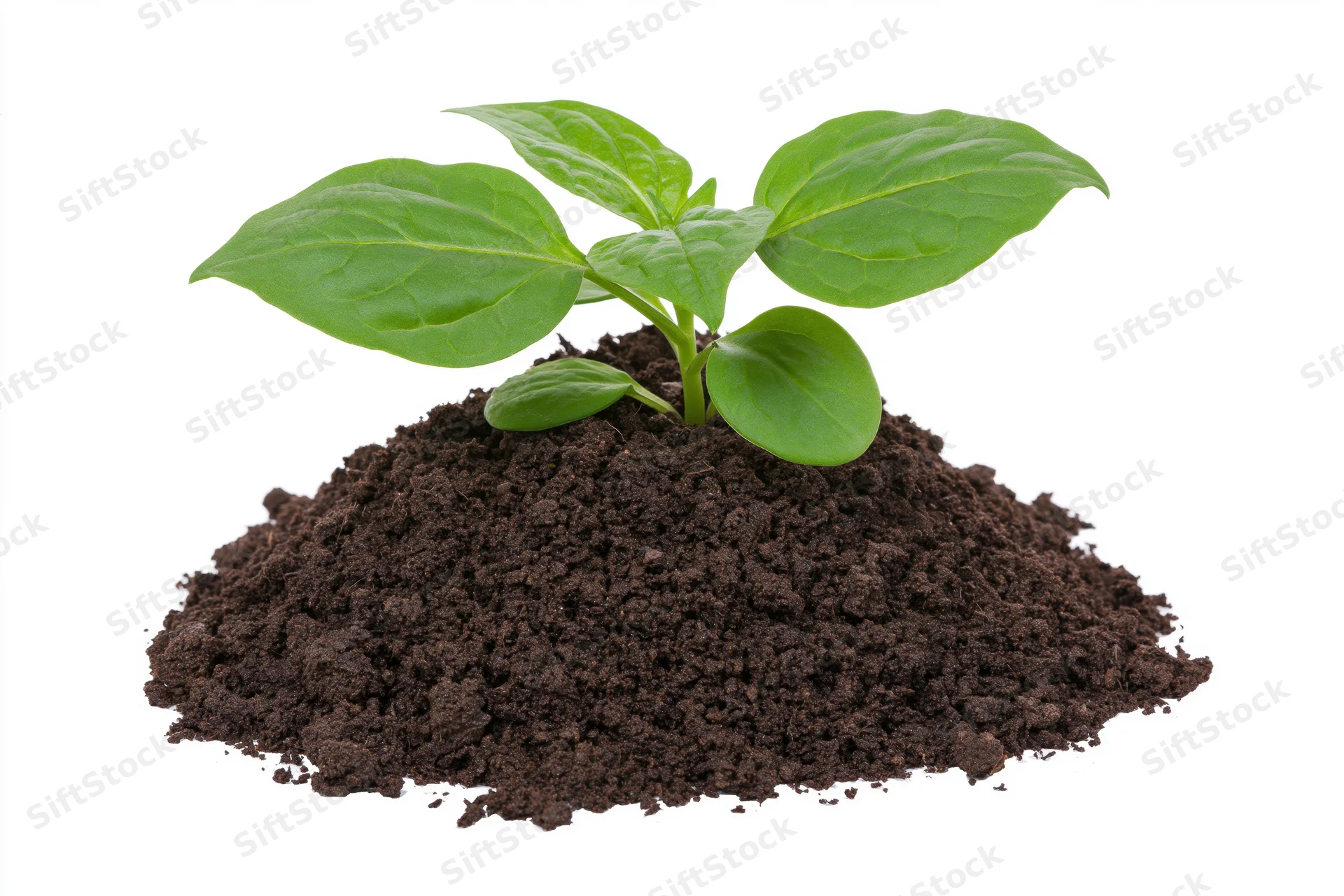 Small green seedling with broad oval leaves growing upright from a mound of dark soil on white background