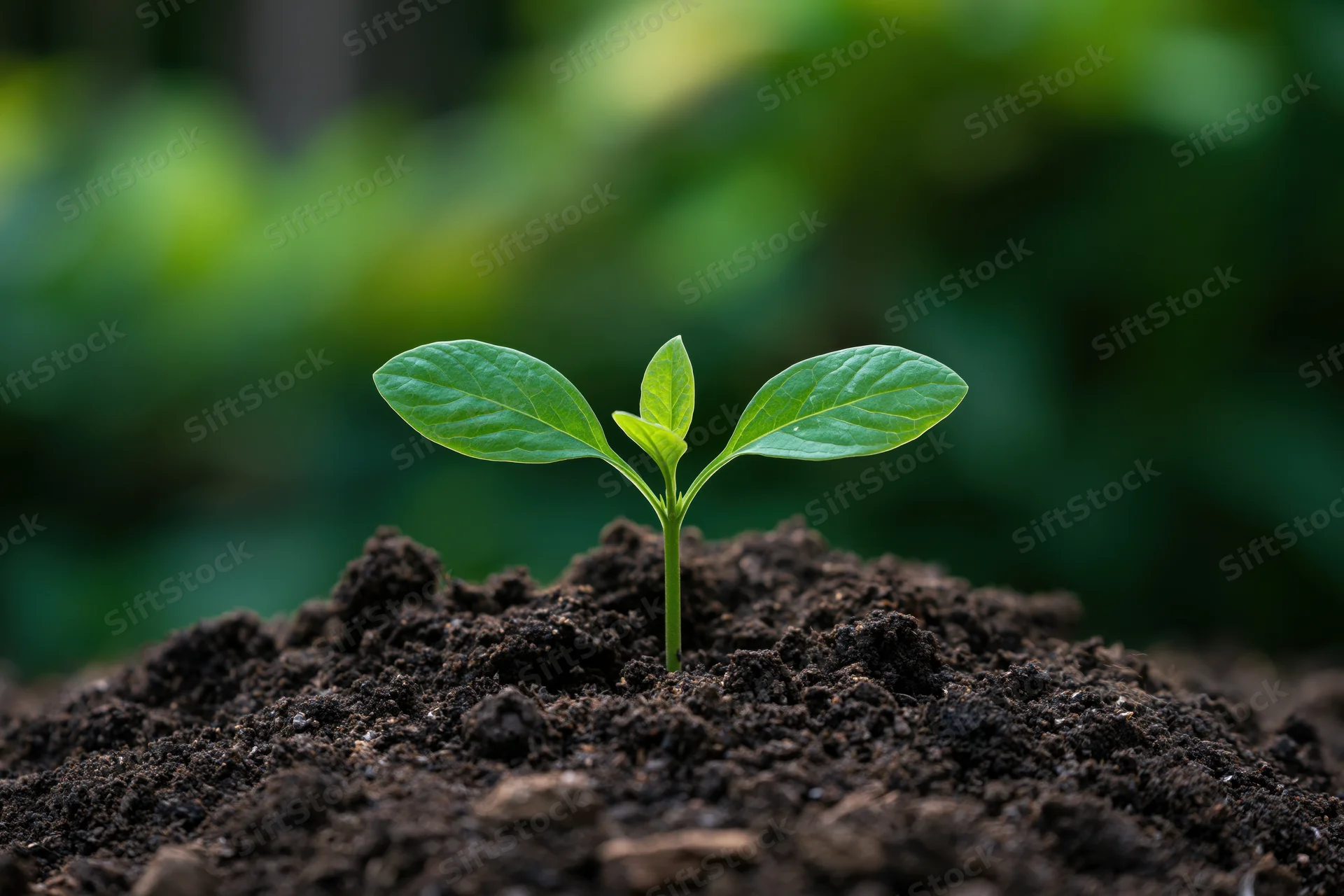 Small green seedling emerging from dark soil in a garden setting