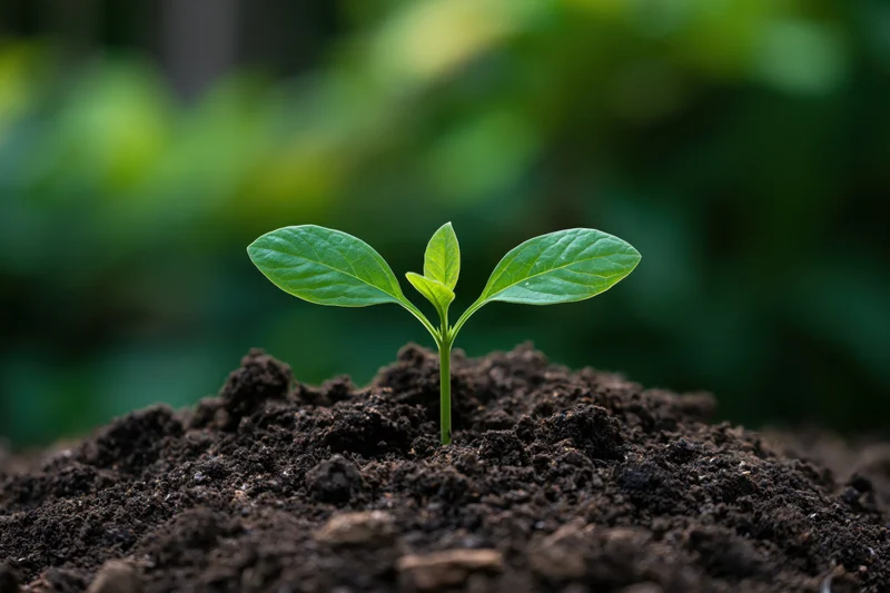 Small green seedling emerging from dark soil in a garden setting
