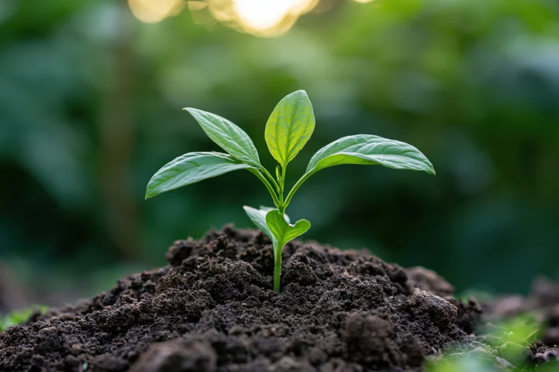 Small green seedling with four oval leaves emerging from dark soil in a garden setting