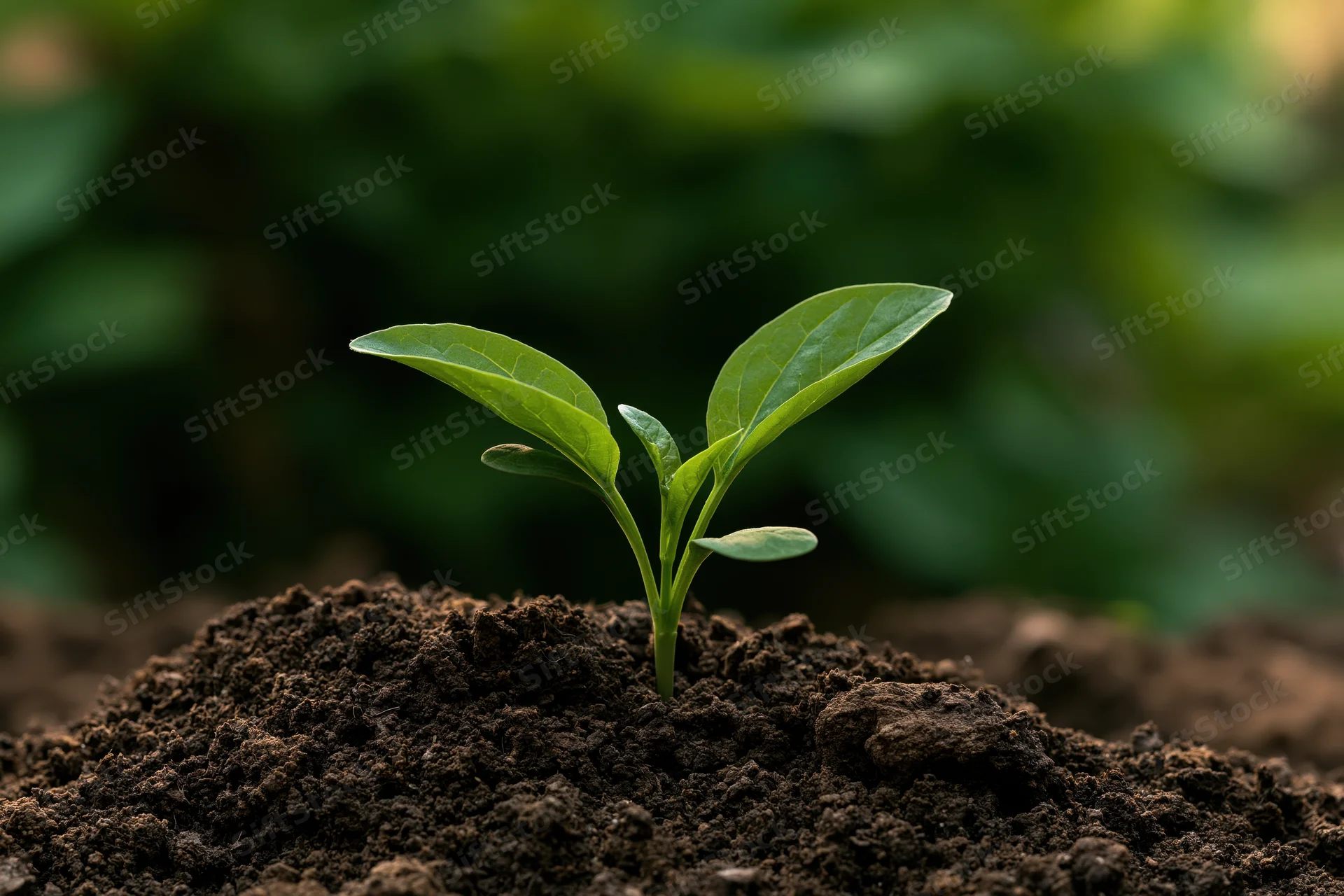 Small green seedling with four oval leaves emerging from dark soil in a garden setting