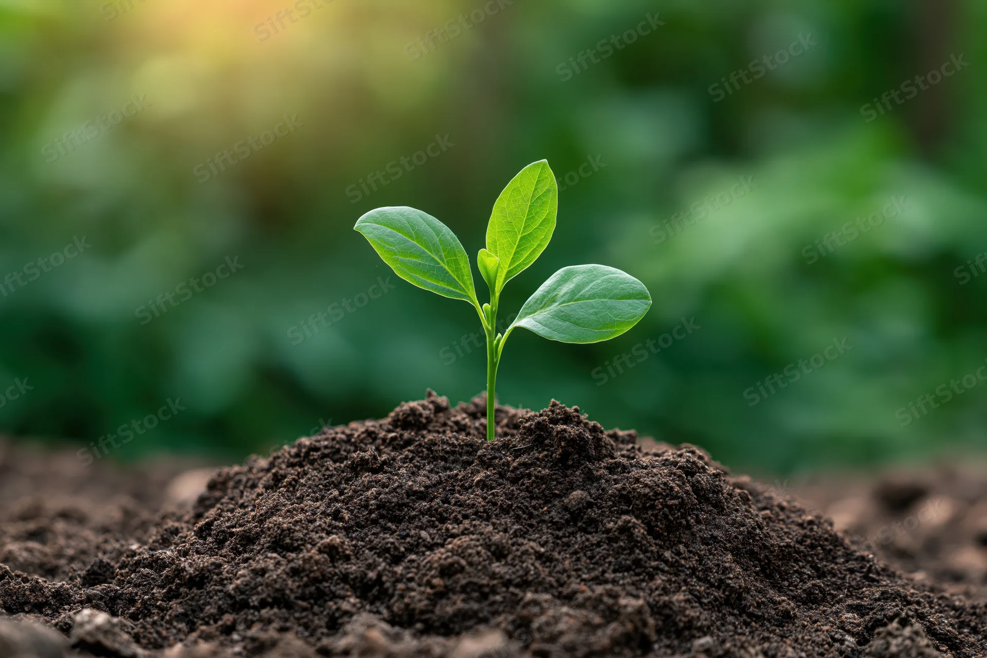 Small green seedling with four oval leaves emerging from a mound of dark soil in a garden setting