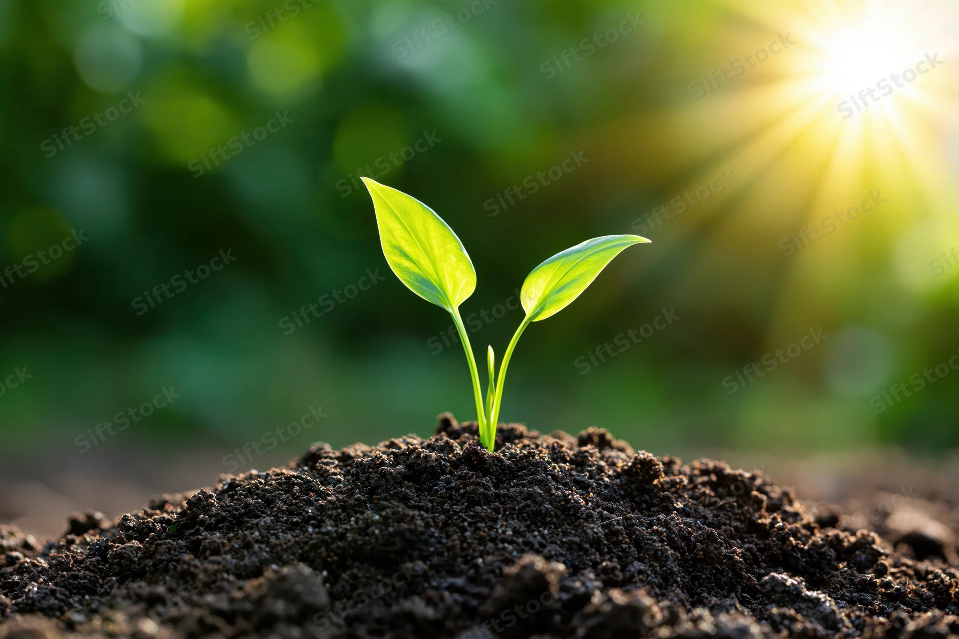 Small green seedling emerging from soil with sunlight behind it