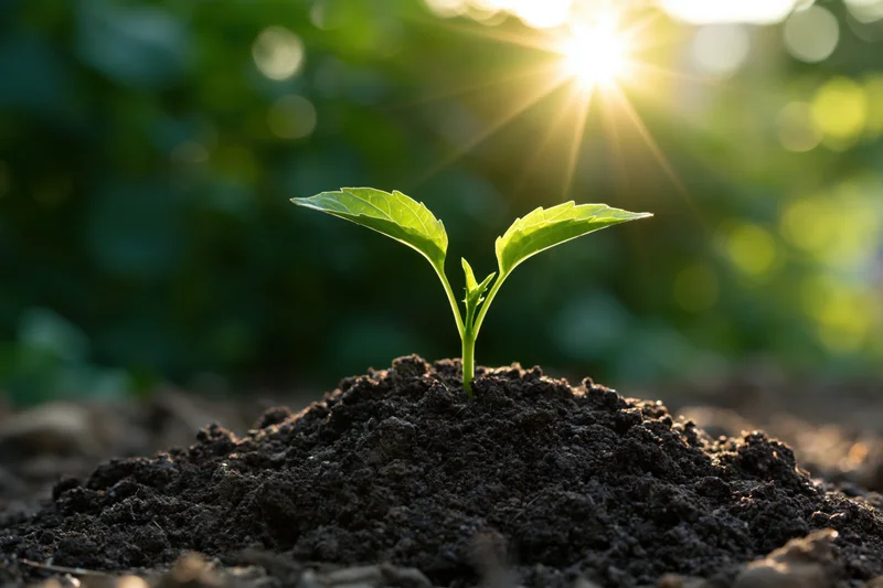 Small green seedling emerging from soil with sunlight shining behind it in a garden setting