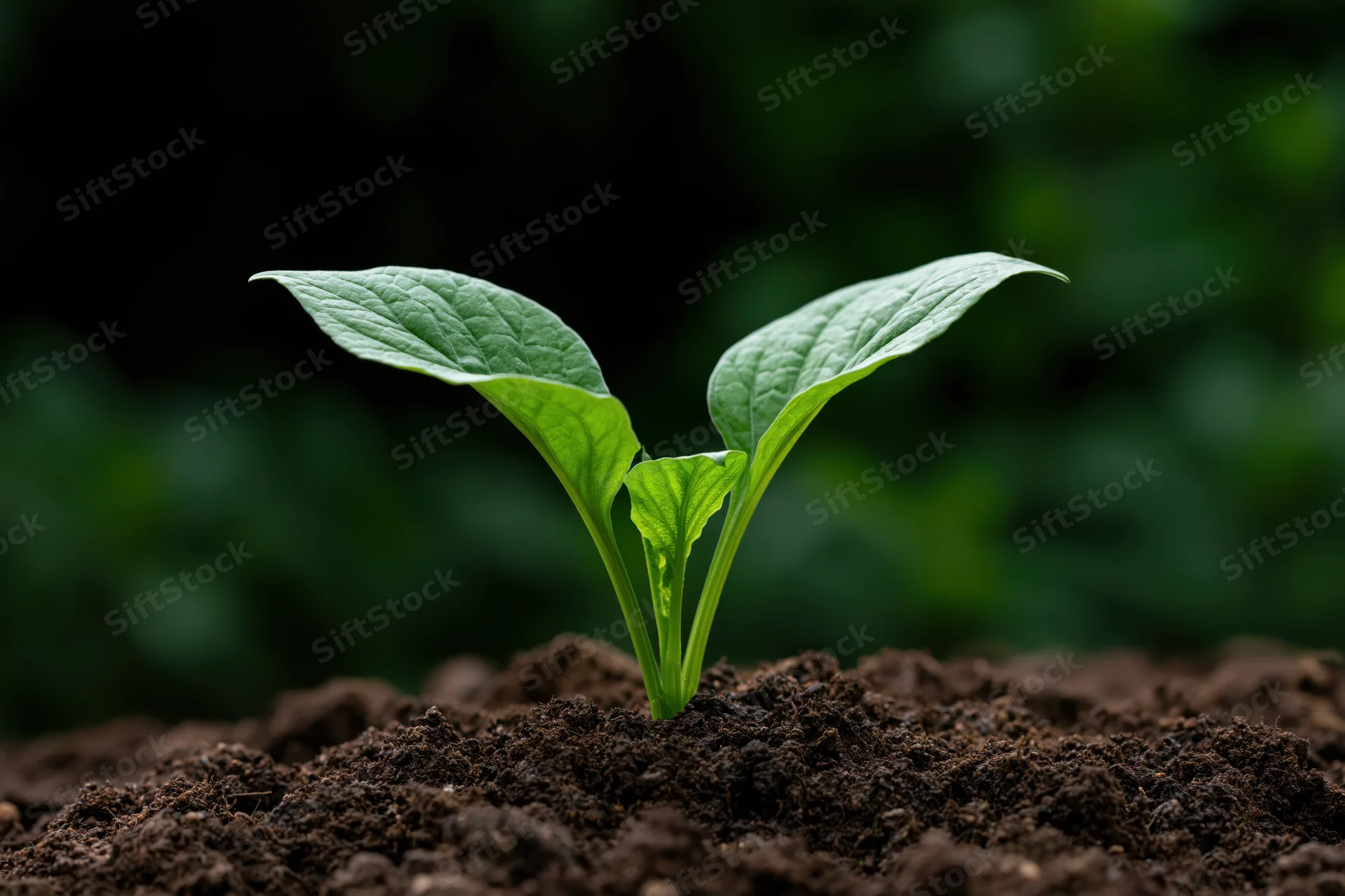 Small green seedling emerging from dark soil in a garden setting