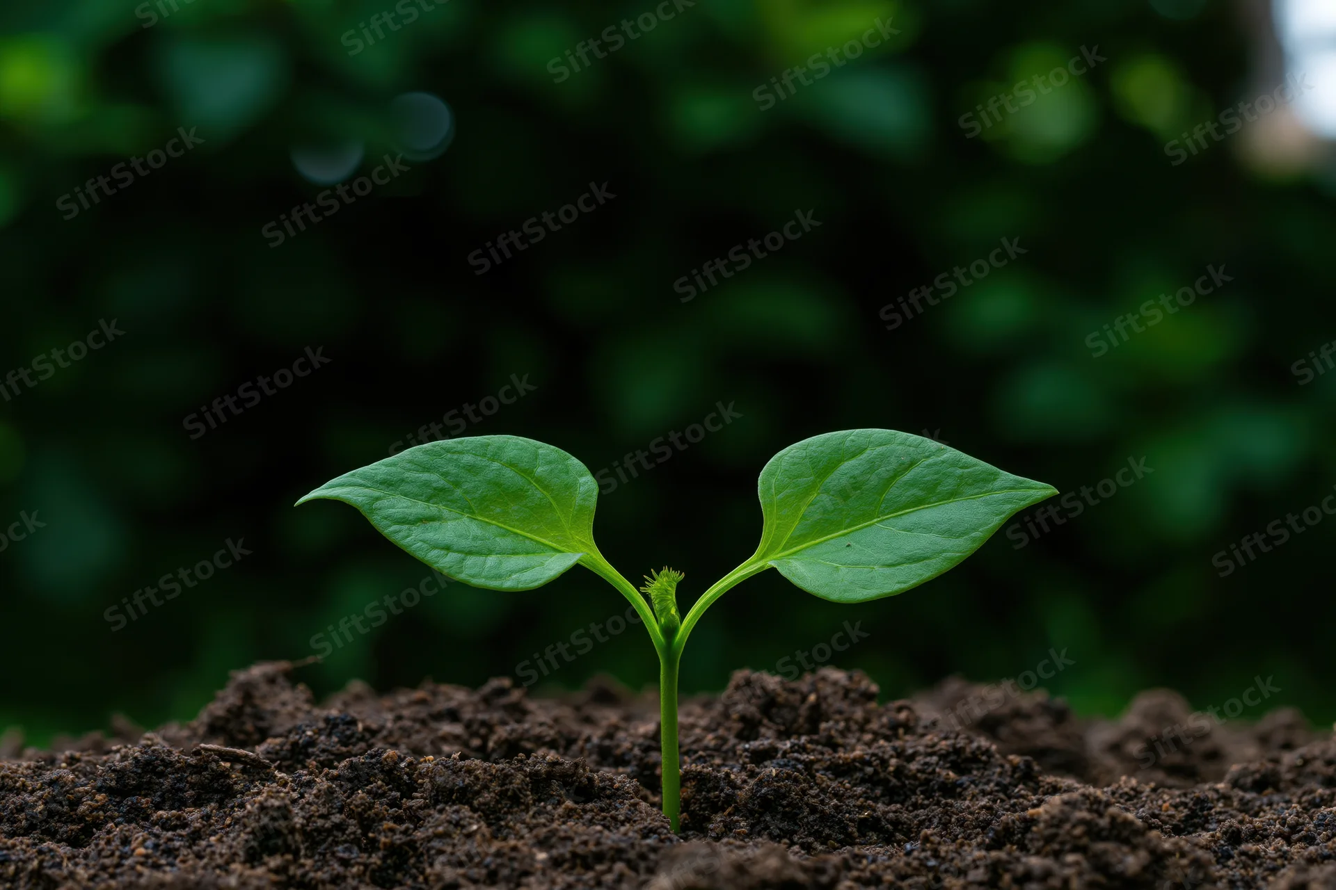Small green seedling with two broad leaves emerging from dark soil in a garden setting