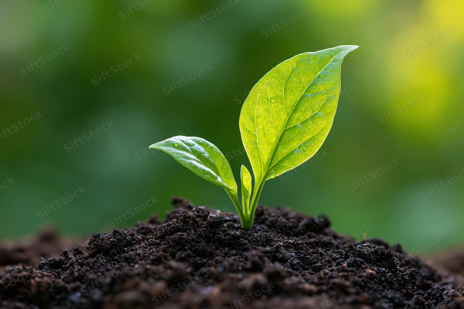 Small green seedling with two leaves emerging from dark soil in a garden setting