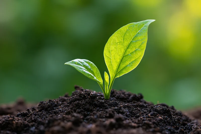 Small green seedling with two leaves emerging from dark soil in a garden setting