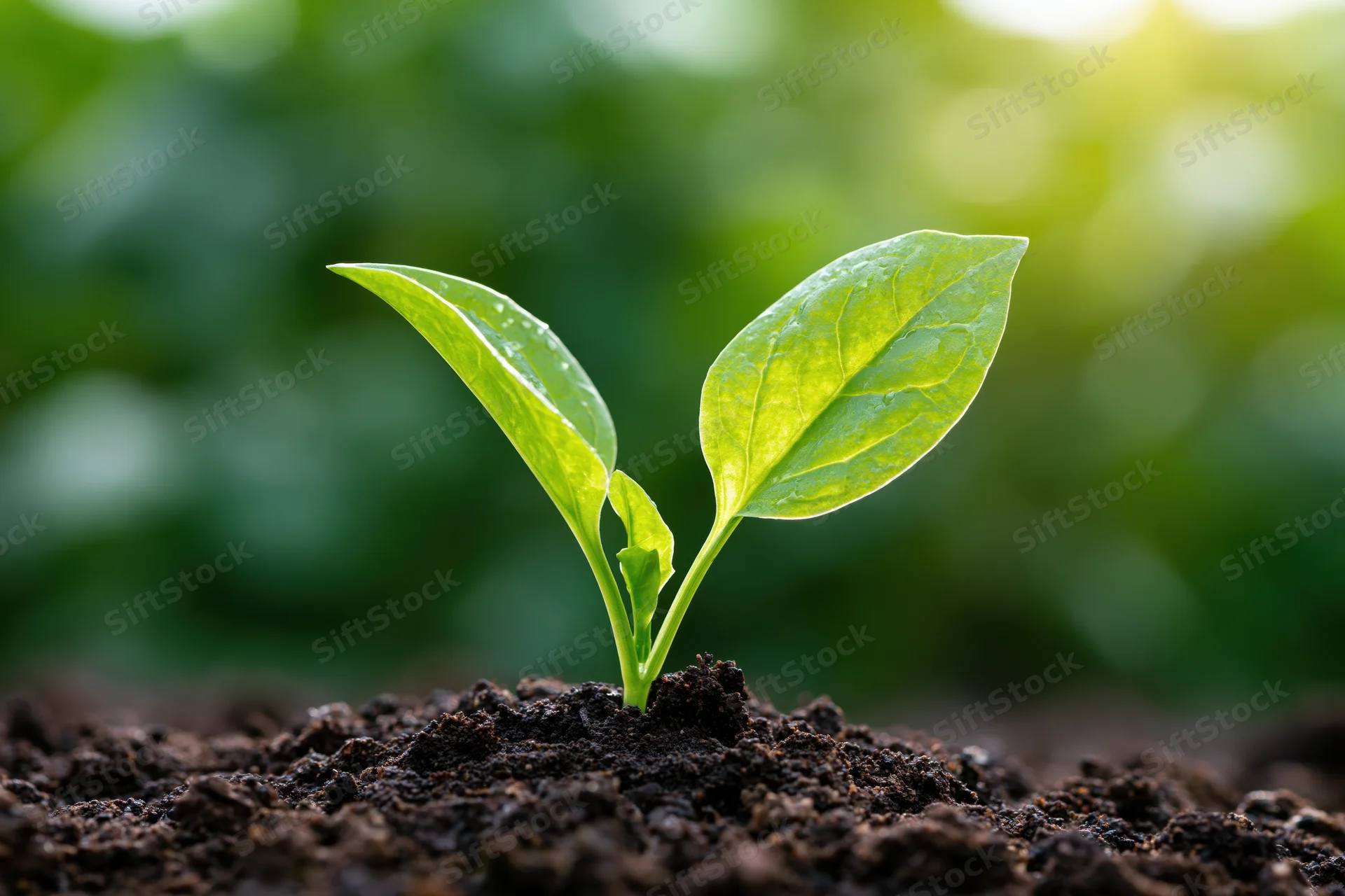 Small green seedling emerging from dark soil in a garden setting