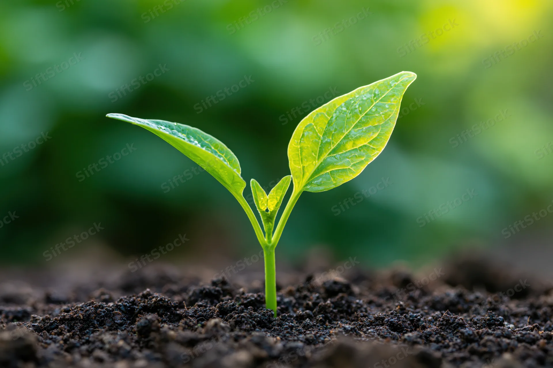 Small green seedling emerging from dark soil in a garden setting