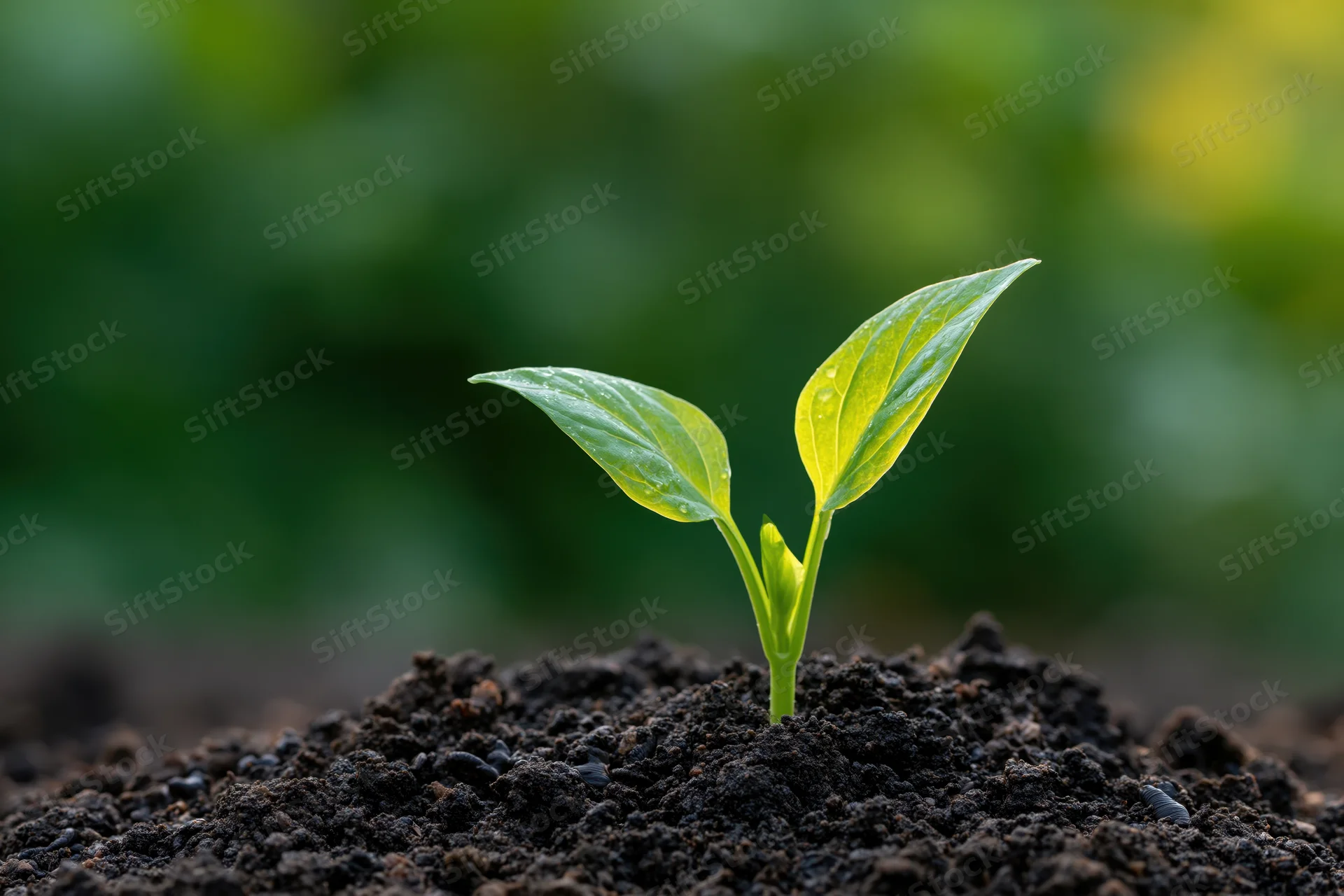 Small green seedling with two leaves emerging from dark soil in a garden setting