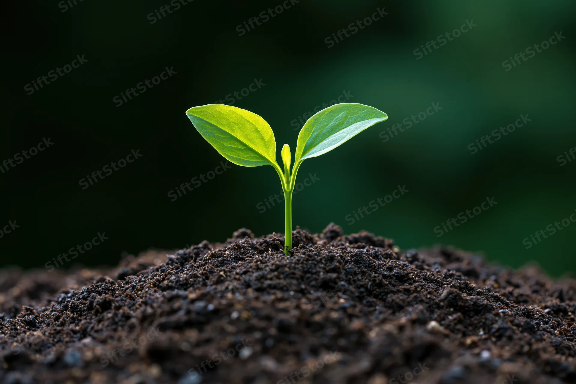 Small green seedling sprouting from dark soil in a garden setting