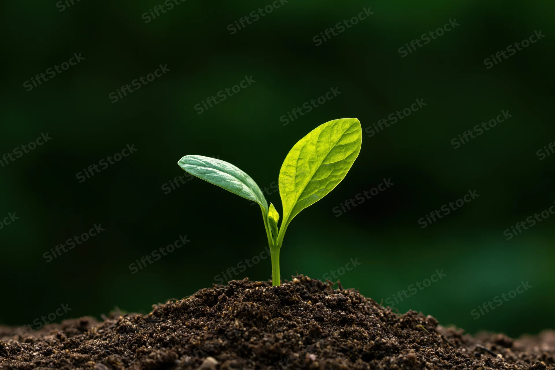 Small green seedling sprouting from soil with two oval leaves against dark background