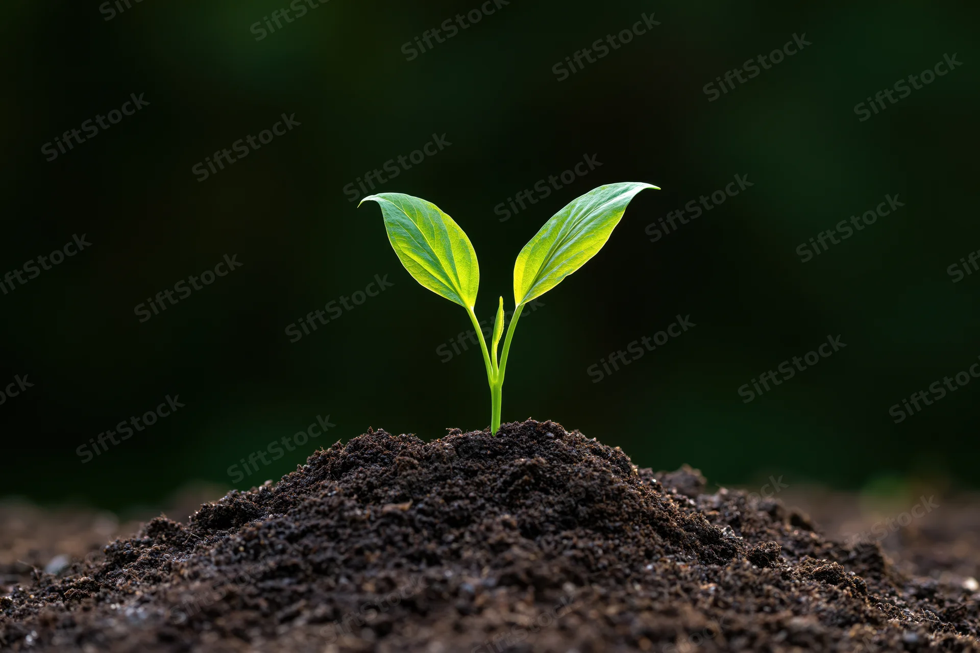 Small green seedling sprouting from dark soil mound in natural setting