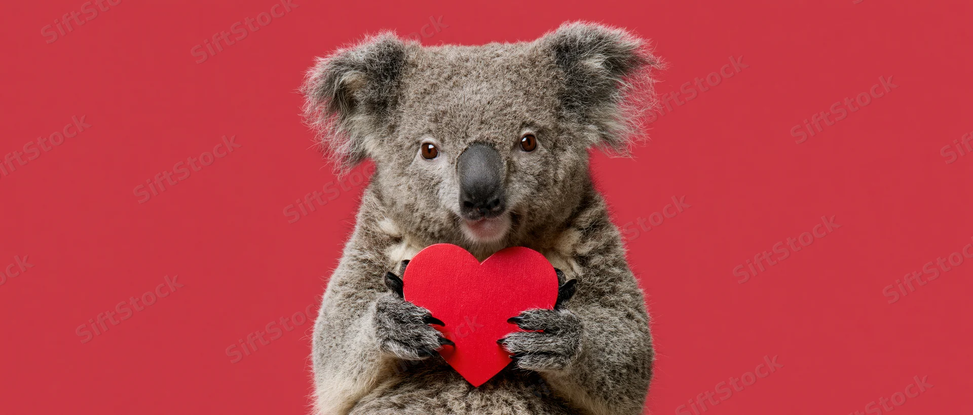 Koala holding red heart against red background