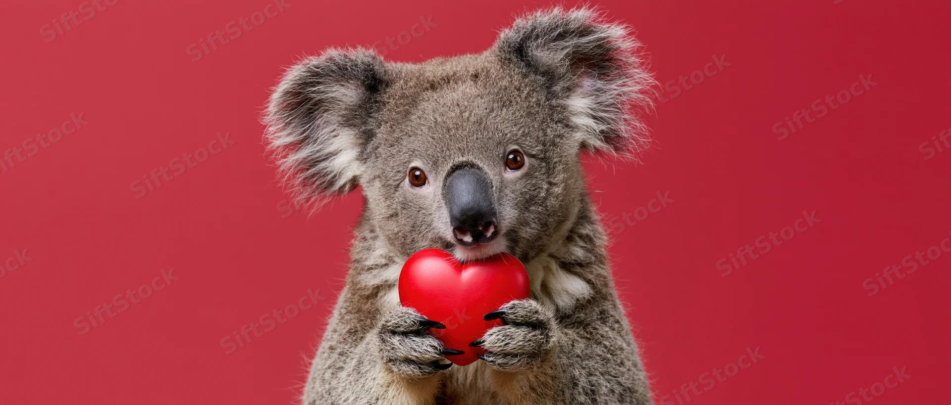 Koala holding a red heart-shaped object against a red background