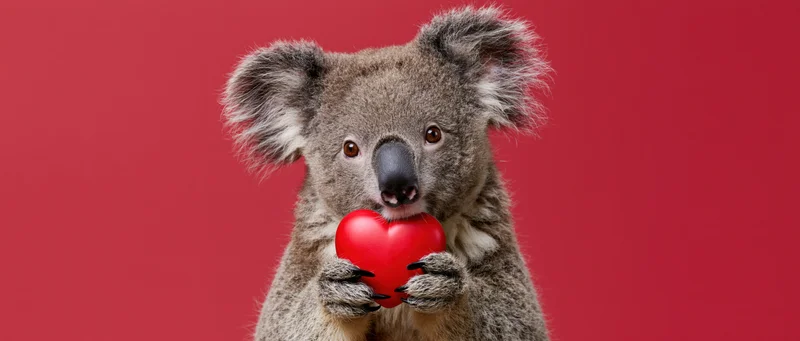 Koala holding a red heart-shaped object against a red background