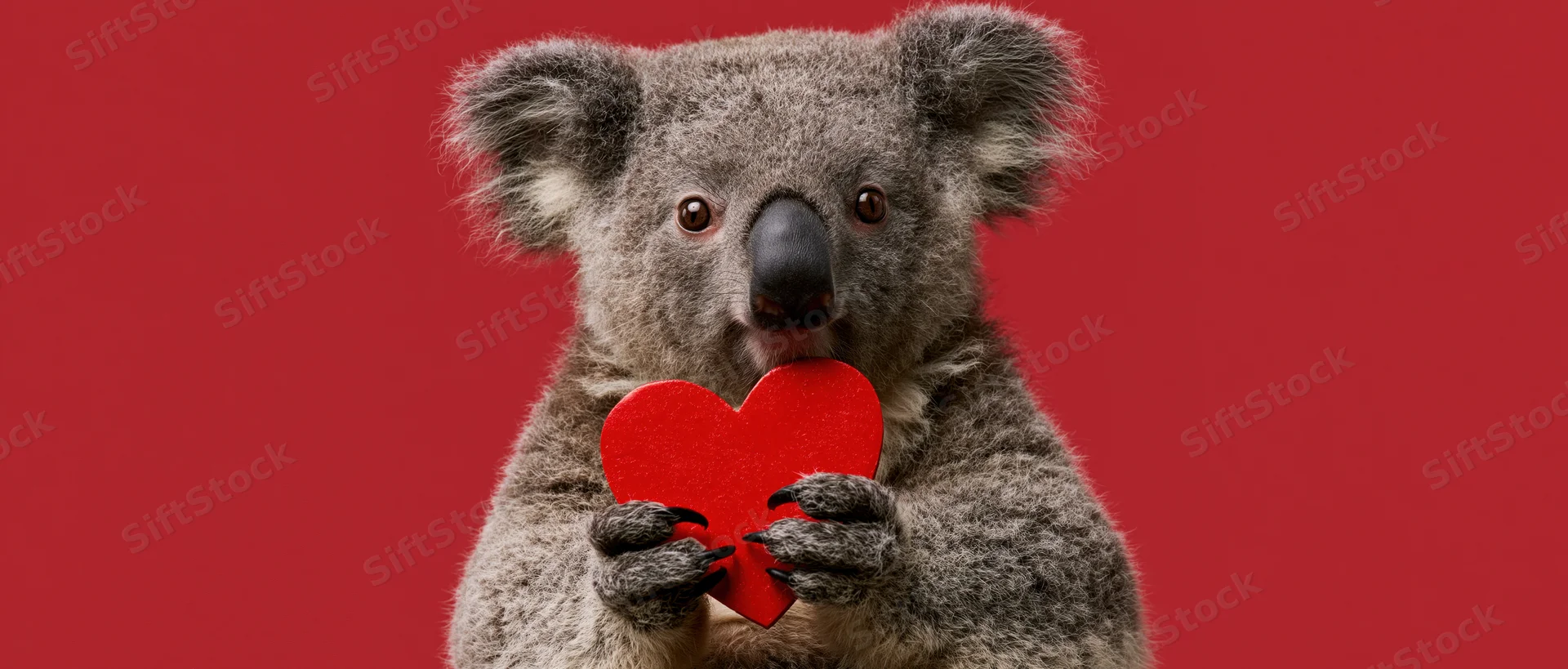 Koala holding a red heart-shaped object against a red background