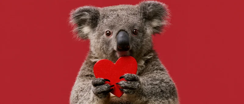 Koala holding a red heart-shaped object against a red background