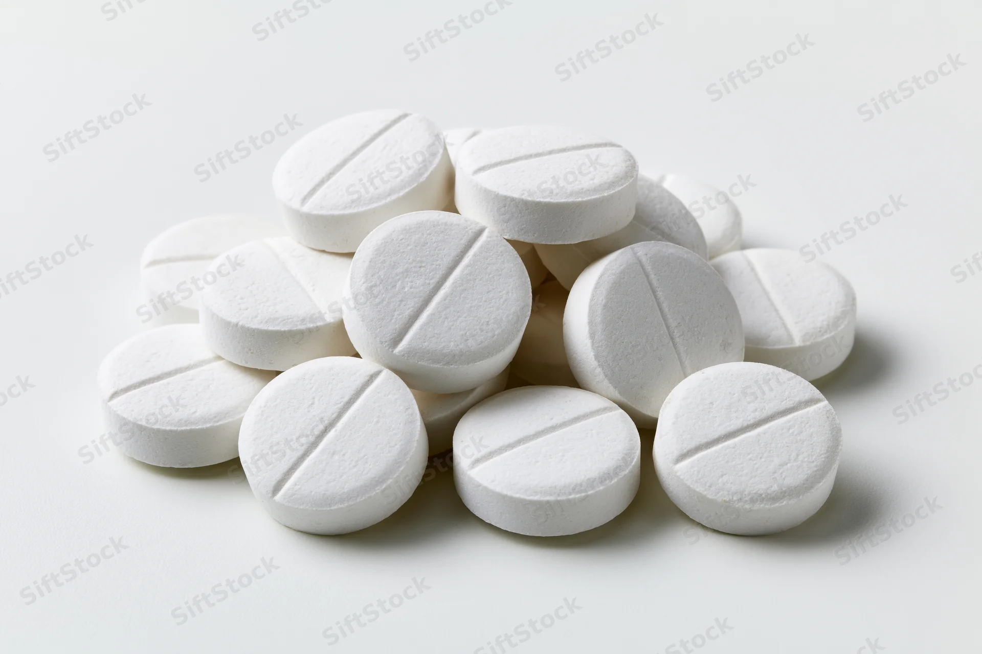 A pile of white round pharmaceutical tablets on a plain white surface