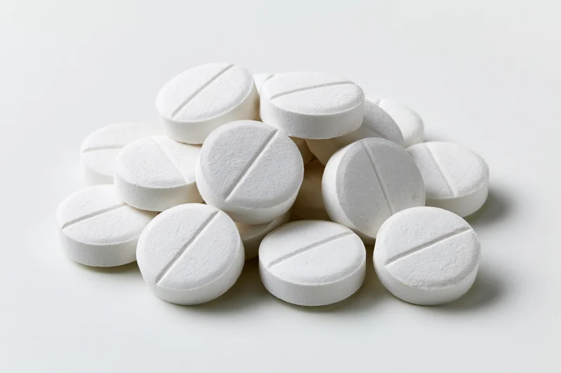 A pile of white round pharmaceutical tablets on a plain white surface