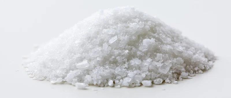 A mound of coarse white crystalline salt on a plain white surface