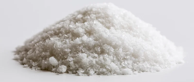 A mound of coarse white crystalline salt on a plain white surface