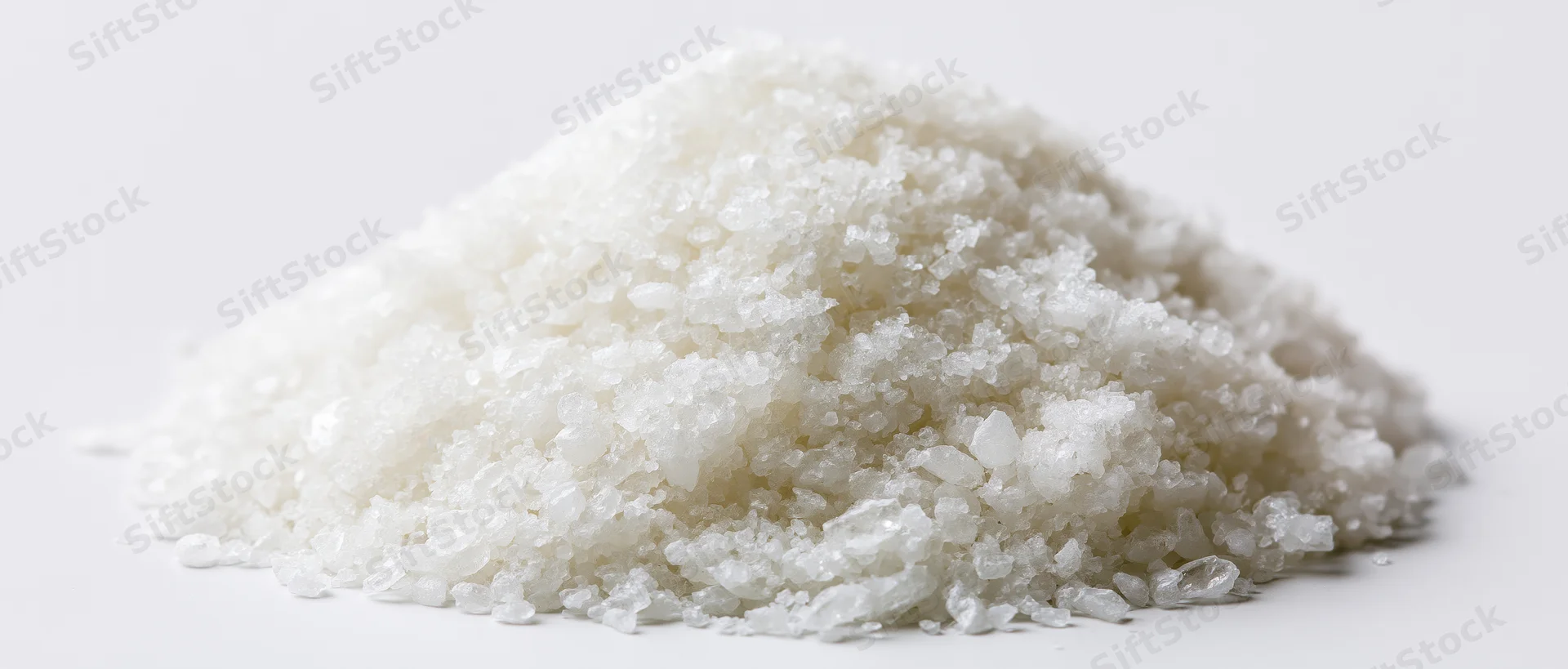 A mound of coarse white crystalline salt on a plain white surface