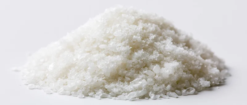 A mound of coarse white crystalline salt on a plain white surface