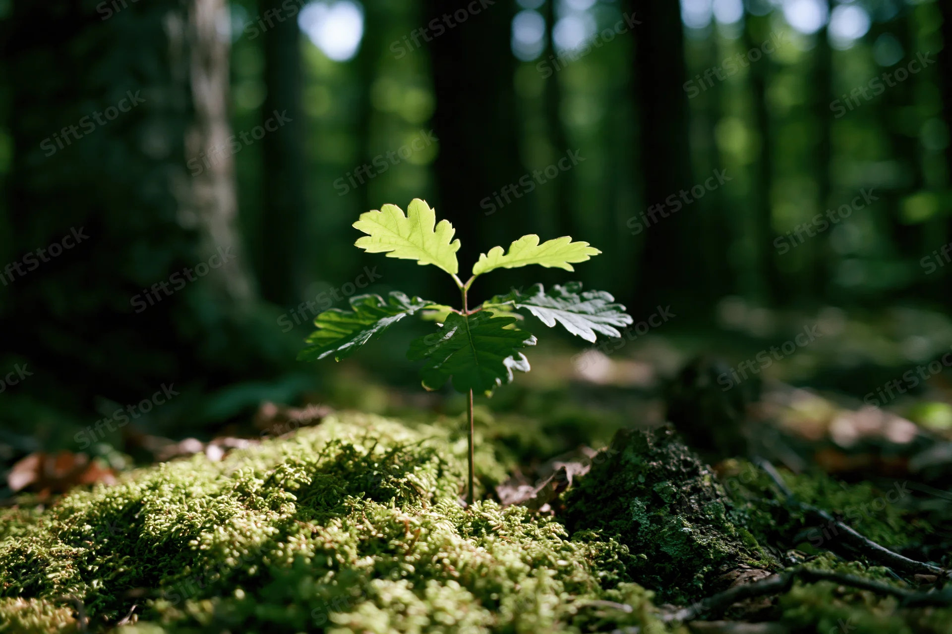 Small oak seedling sprouting from moss-covered forest floor in dappled sunlight