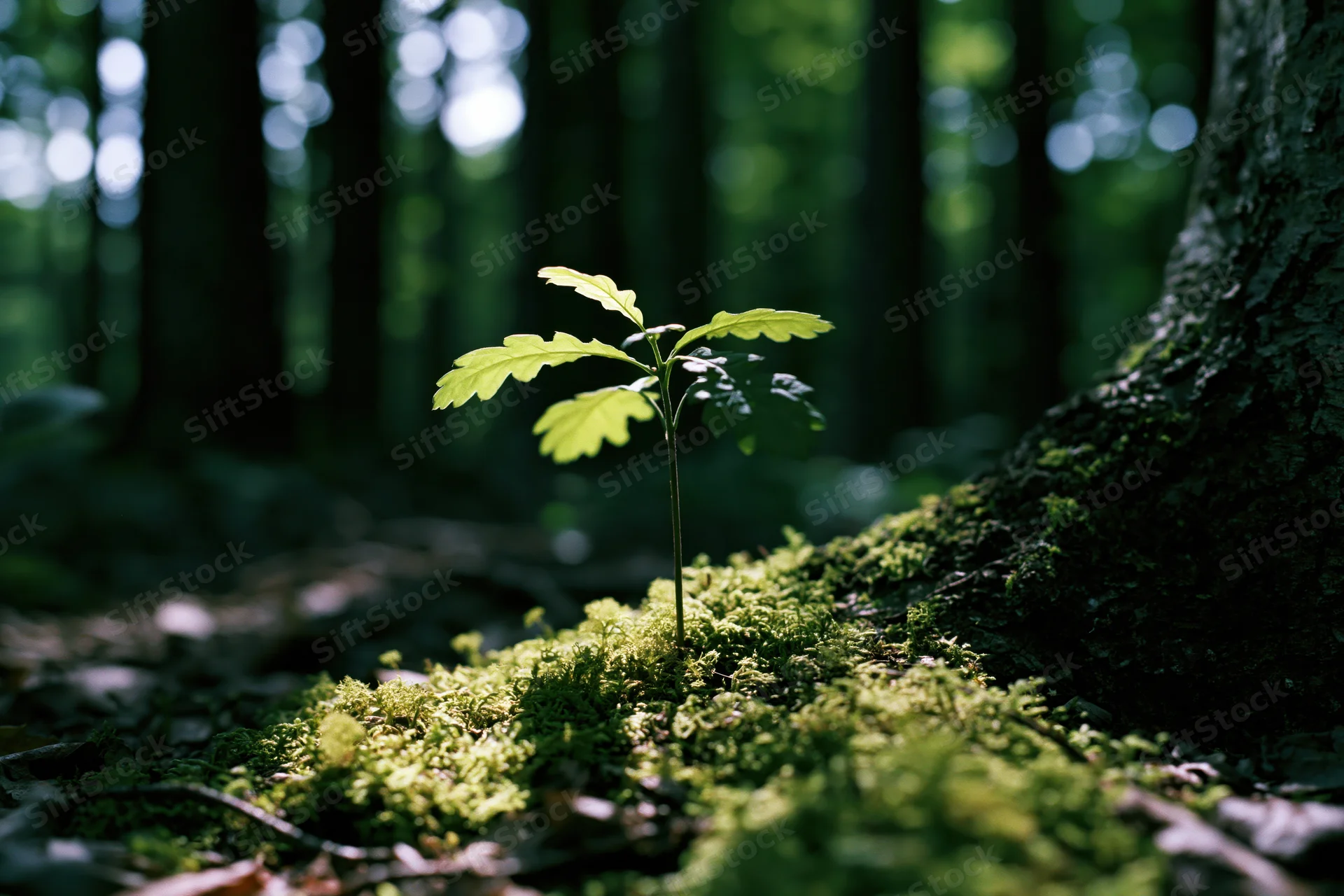 Small oak seedling growing on mossy forest floor beside tree trunk
