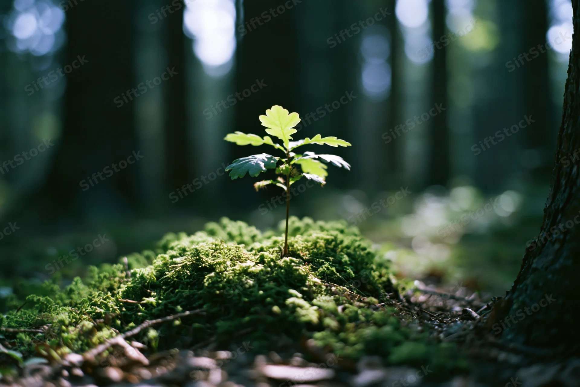 Small oak seedling sprouting from moss in a sunlit forest floor